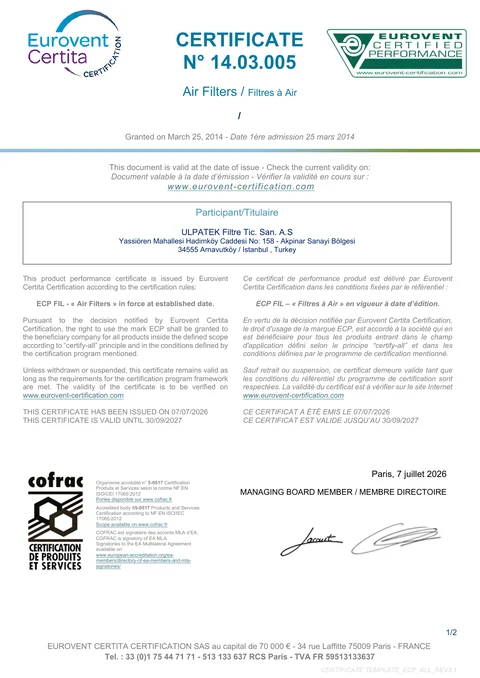 Ulpatek hava filtreleri için 14.03.005 numaralı Eurovent Certified Performance sertifikası