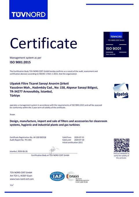 TÜV NORD CERT GmbH'nin Ulpatek'e verdiği ISO 9001:2015 sertifikası