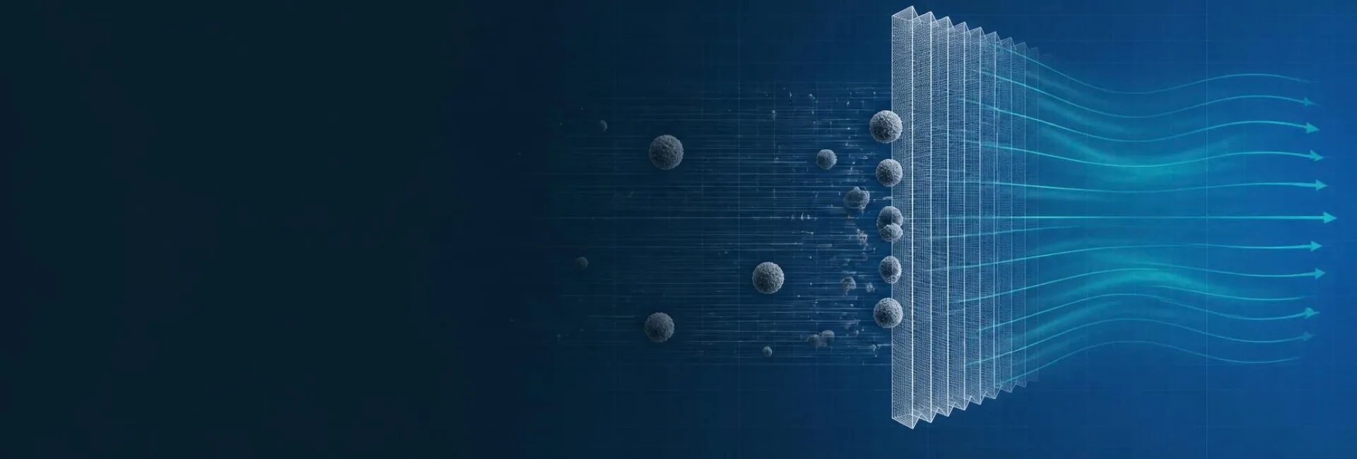 Illustration: particles held back by a filter layer while clean air passes through